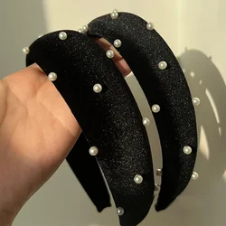 Women Black Velvet Simulated-pearl Hairband Wide Brim Puffy Headband Fashion Elegant Headwrap Hair Hoop Girls Hair Accessories