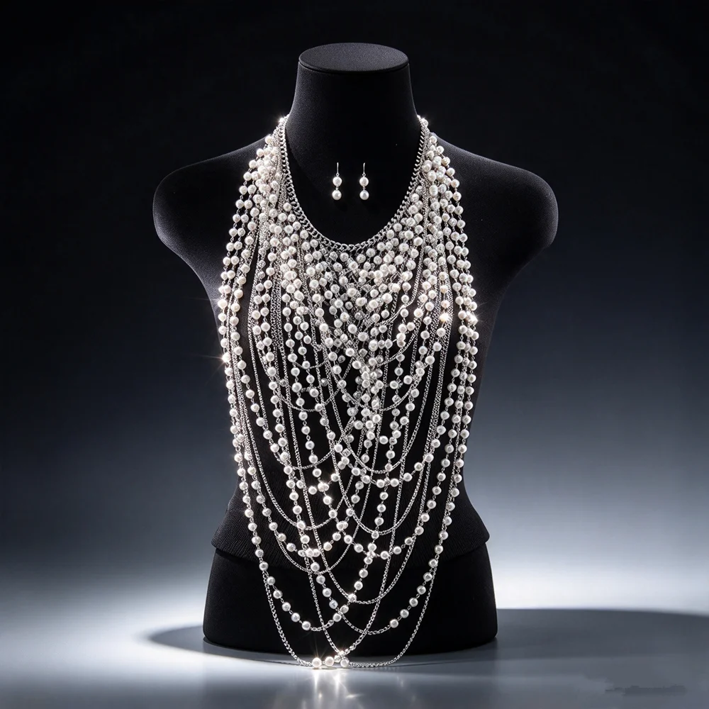 Pearl Tassel Necklace Large Pendant Matching Strapless Chest Decor Mesh Long Necklace Luxury Vintage Style for Ladies Middle Eas