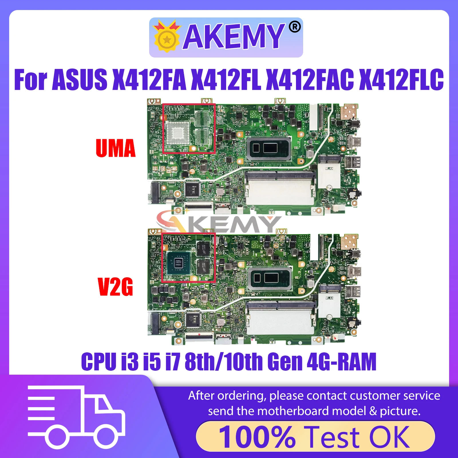 

AKEMY X412F Laptop Motherboard For ASUS X412FAC X412FLC X412FA X412FL X412FJ A412F F412F Mainboard I3 I5 I7 8th/10th CPU 4G-RAM