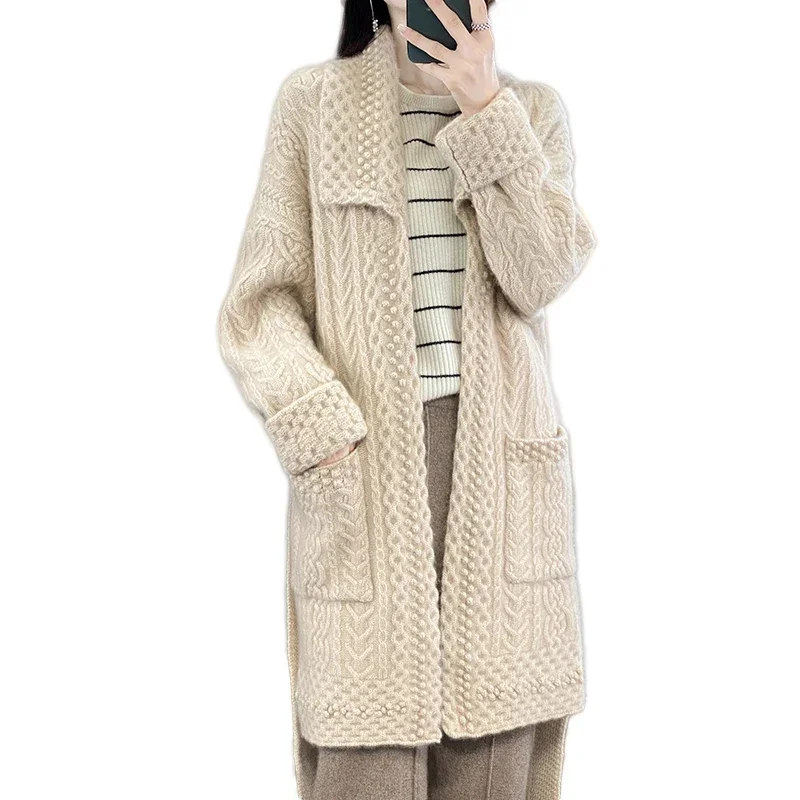 Cashmere Sweater Women\'s Lapel Coat Autumn and Winter New Casual Knitting High-end Trend Long 100% Wool Cardigan Women\'s Coat