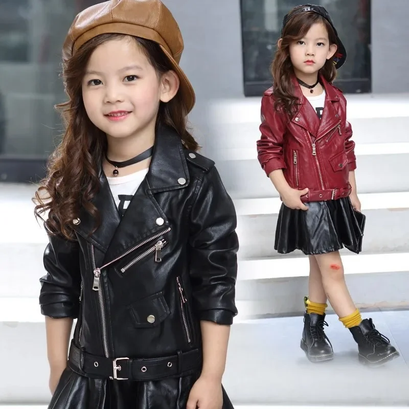 4-13 Years SpringFor Girls Baby PU Coats Fashion Zip Belt Child Short Outwear XMP33  Autumn Kids Faux Leather Jackets