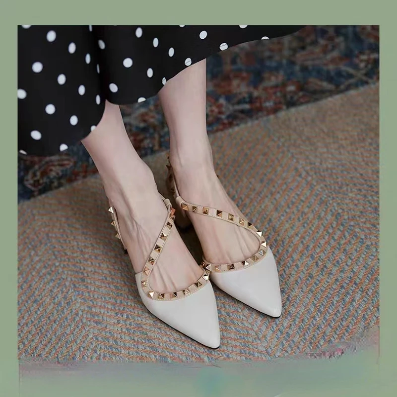 2024 New Summer Fashionable Comfortable Elegant Casual Baotou Thick Heel Pointed Rivets One-word Buckle Mid-heeled Shoes