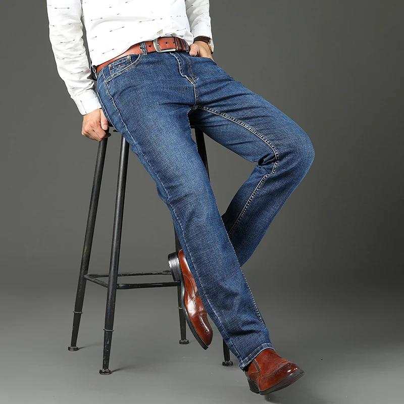 2025 Spring Autumn Office Business Jeans Men Classic Blue Cotton Stretch Straight-leg Denim Pants Male Brand Trousers