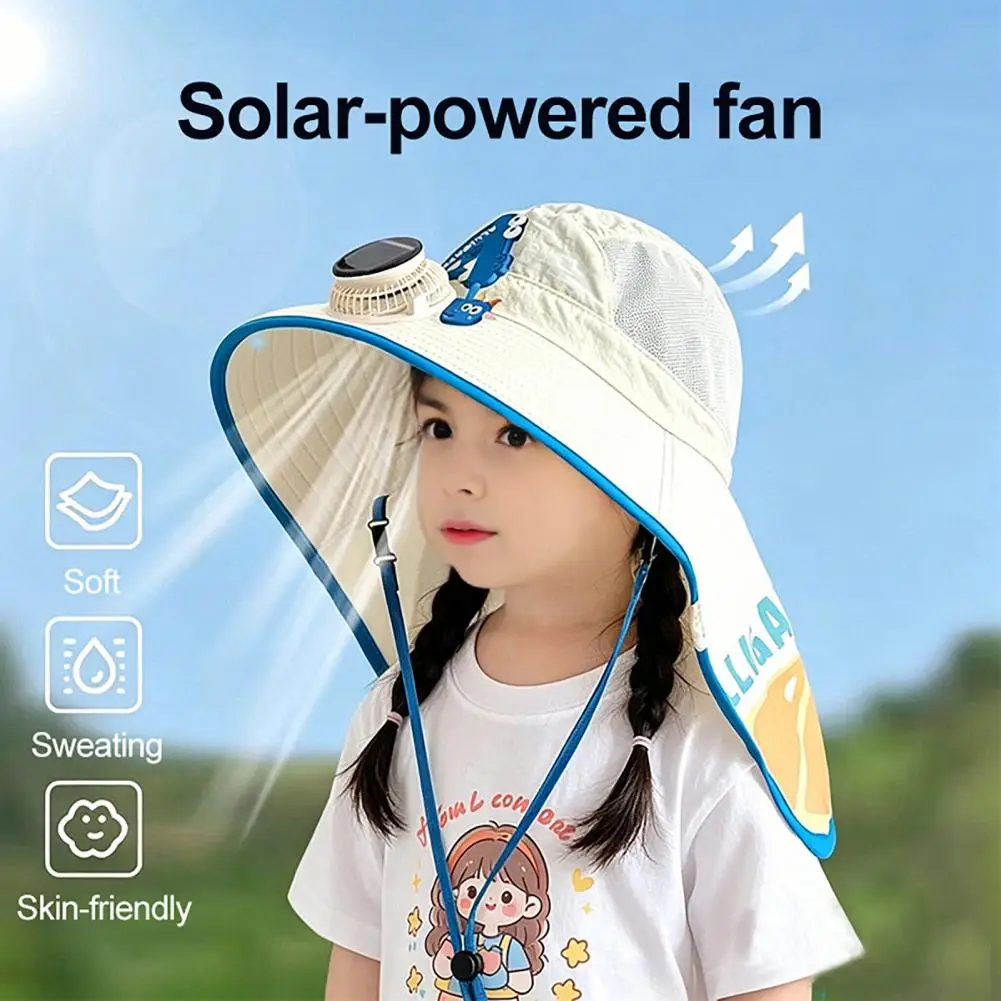 Children Sun Hat with Neck Cover Kids Sun Cap with Built-in Solar Fan Wide Brim Sun Protection Hat Breathable Mesh Summer Hat