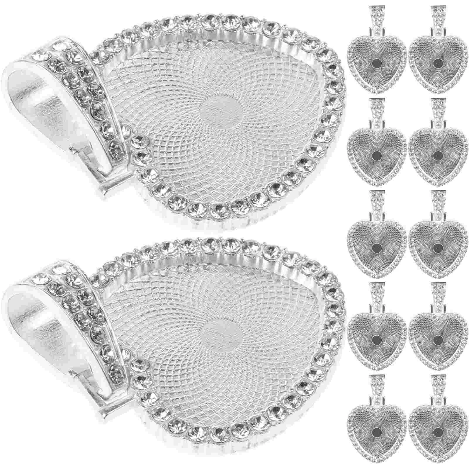 12 Set Locket Pendant Trays Heart Rhinestone Sublimation Necklace Blank with Chain Shape Bezel Silver Frame Pendants