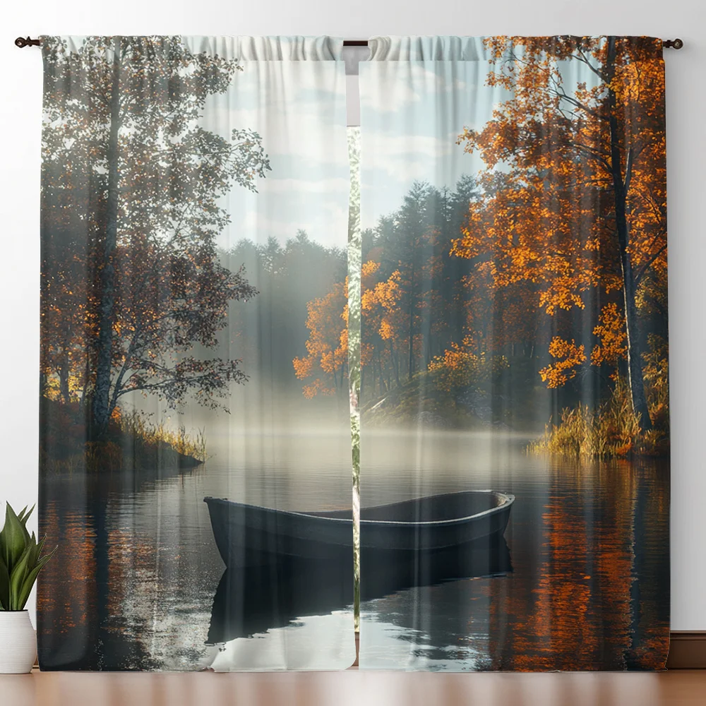 2pcs Autumn Lake View with Boat Reflection and Forest Print Curtains, Modern Art Style with Rod Pocket, Home Decor for Kitchen,
