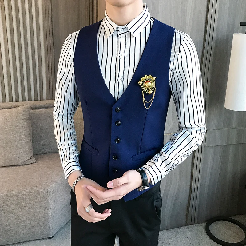 

College Style V-neck Men's Vest Casual Service Waistcoat Male Prom Party Disco Clothes Slim Dress Vest Men Tuxedo Gilet Homme