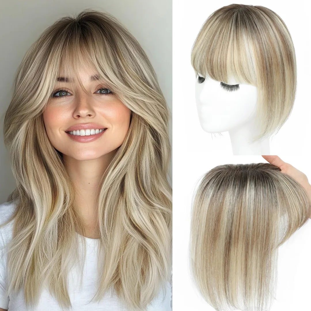 

Synthetic Long Straight Topper Hair Piece With Bangs Invisible Seamless Clip Overhead Toupee Replacement block Cover White Hair