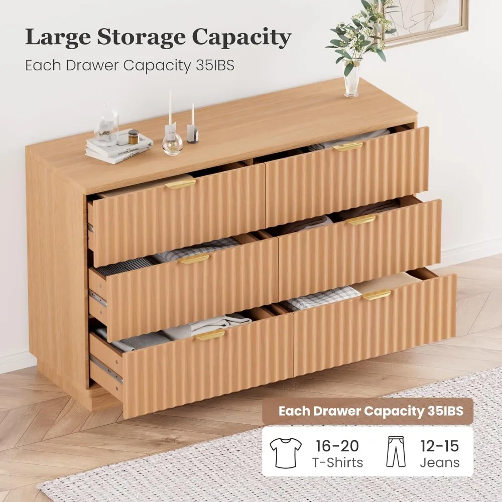 Cômoda moderna para quarto com 6 gavetas, baú largo 47,3 com perfil curvo, móveis de madeira para armazenamento de sala de estar