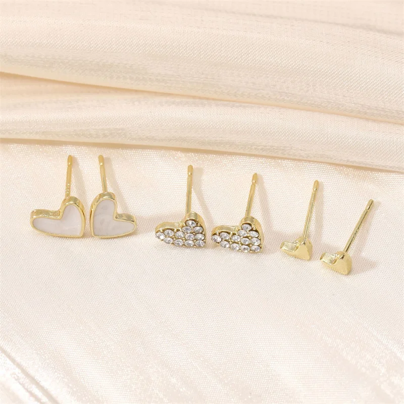 3 Pairs/set Cute Korean Earrings Heart Bling Zircon Shell Versatile Gold Color Earring for Women Fashion Jewelry 2026 New Gifts
