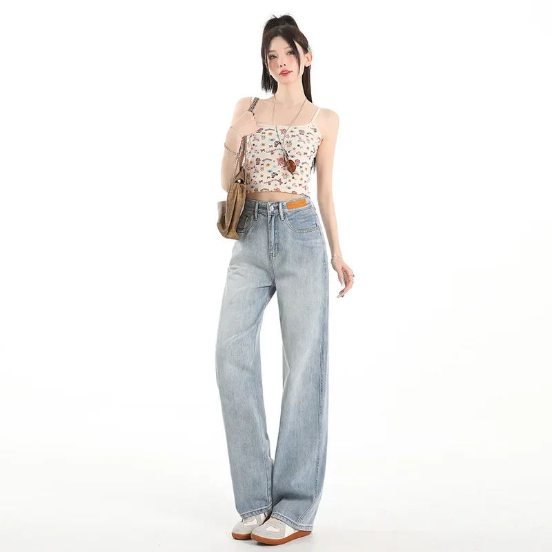 

Washed Light Blue High-waisted Wide-leg Jeans. New Simple, Casual and Loose Floor-length Jeans for Women in All Four Seasons