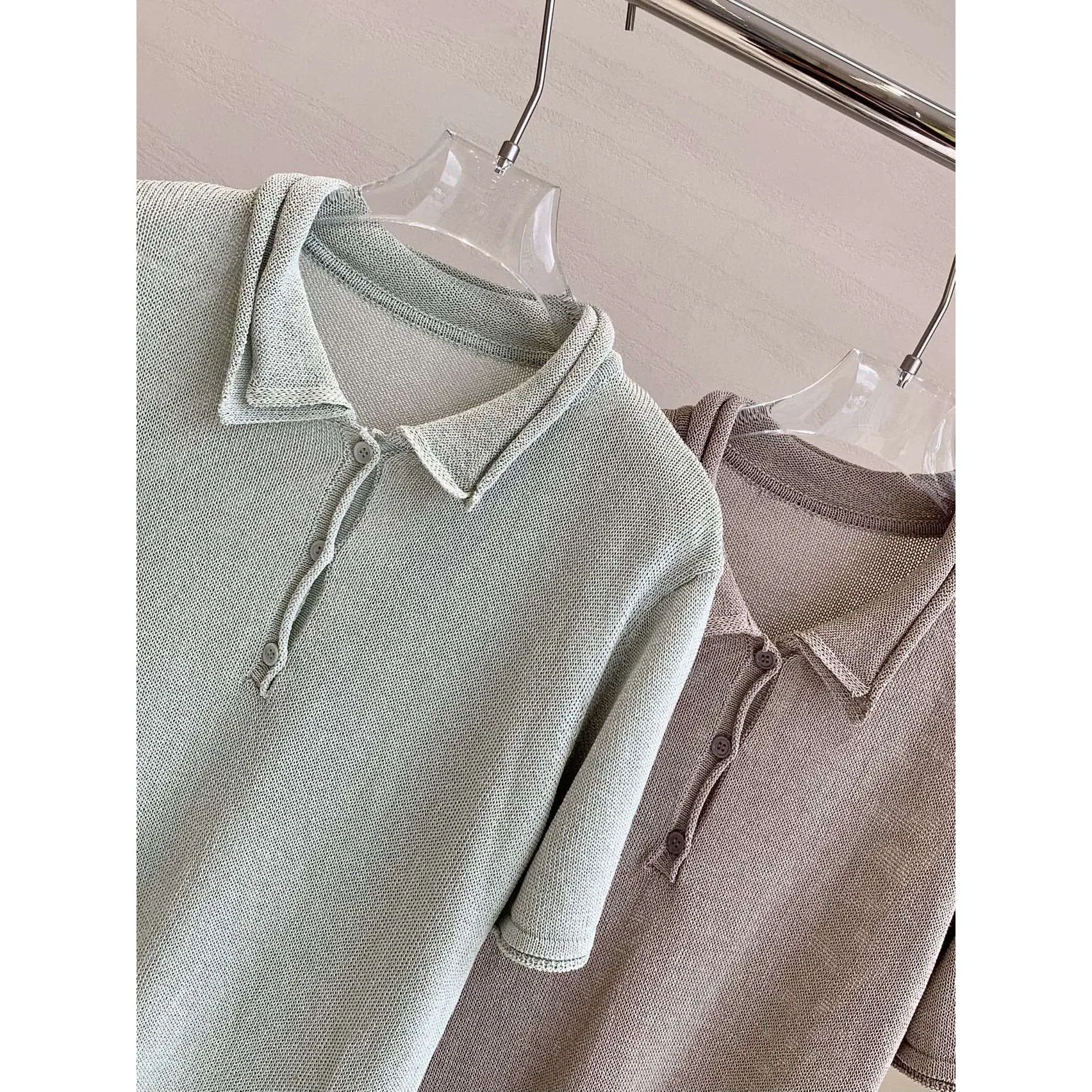 

Light Green Knitted Polo Shirt For Women Summer Lazy Style Short-Sleeved Top French Style Casual