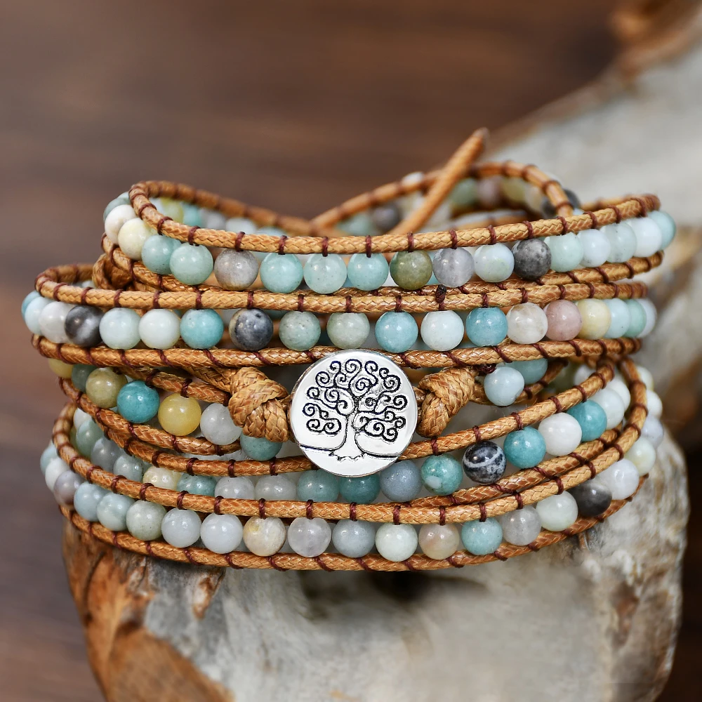 Yumfeel New Amazonite Beaded Leather Rope Wrap bracciale bohémien Natural Stone Jewelry 5 strati braccialetto lungo regolabile