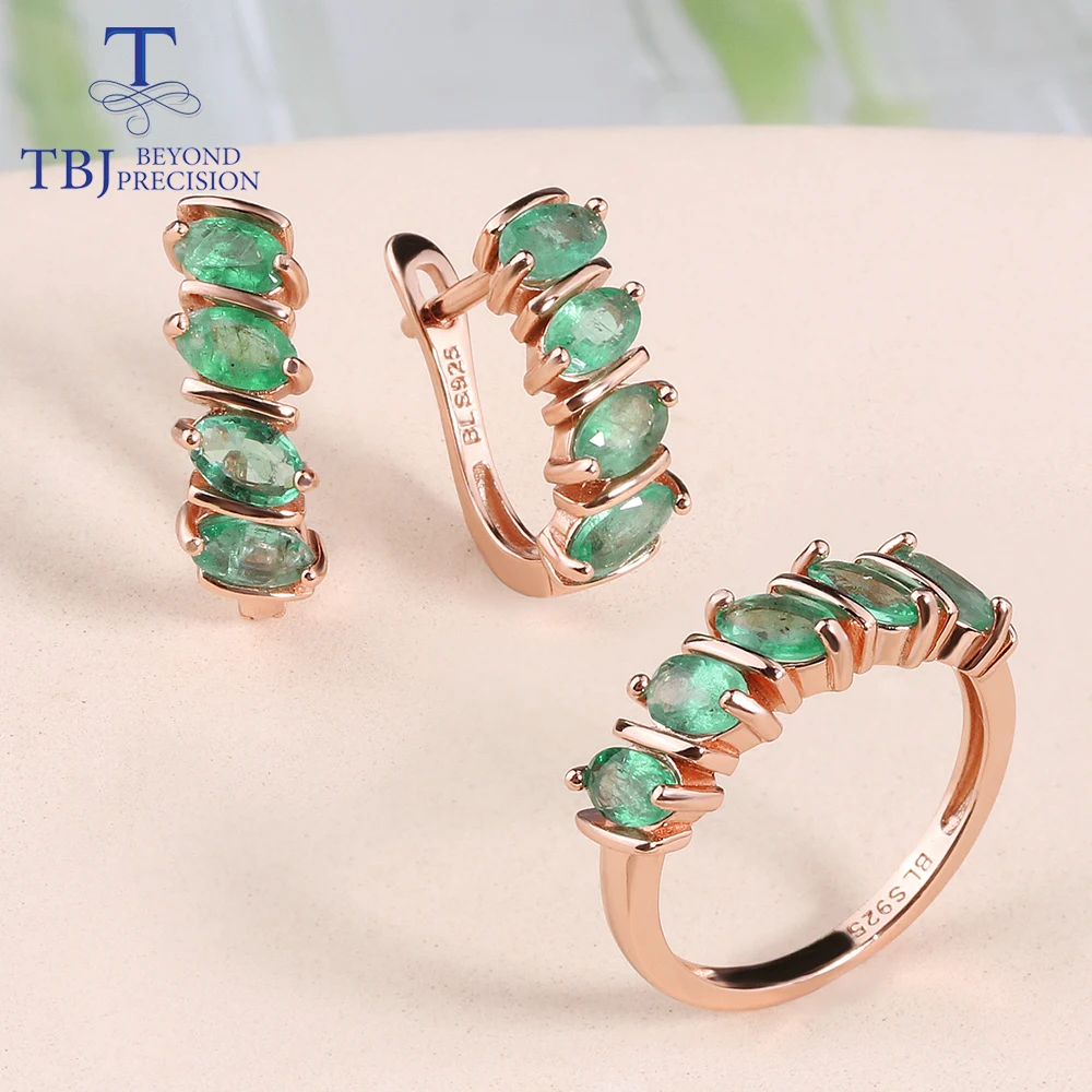 Natural Green Emerald fine Jewelry 925 Sterling Silver Women Anniversary Engagement Gift Ring One Piece Earrings one pair