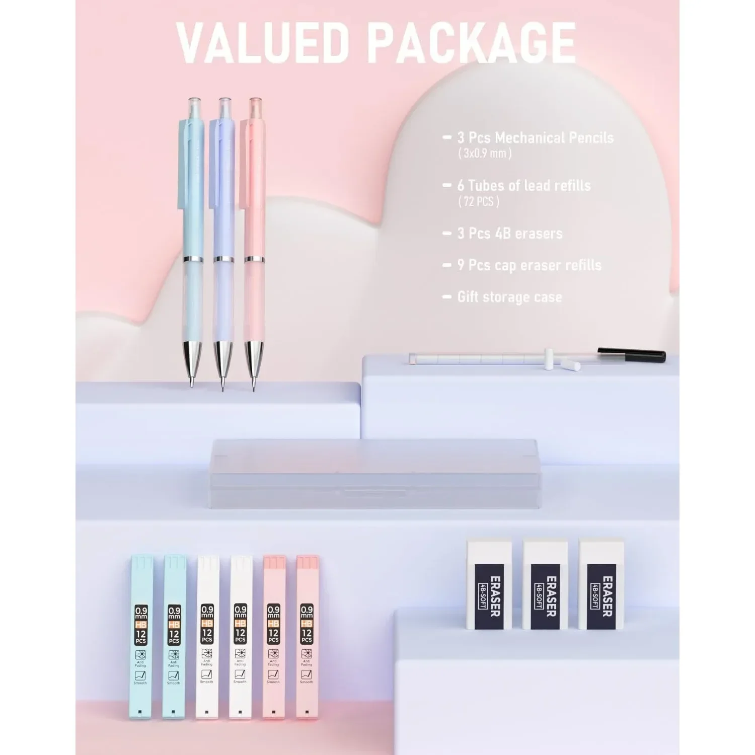 3 قطع مجموعة أقلام رصاص ميكانيكية باستيل، 0.9 قلم رصاص ميكانيكي، 6 أنابيب HB الرصاص 0.9 مم، 3 قطع ممحاة و9 قطع حشو ممحاة