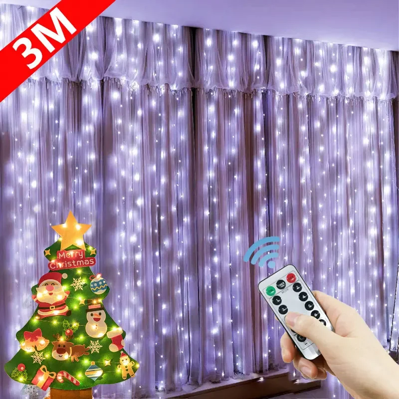 Guirlanda de cortina LED com controle remoto para janela, luzes USB, festão de fadas, decorações de Natal e casamento, casa e quarto, 3m