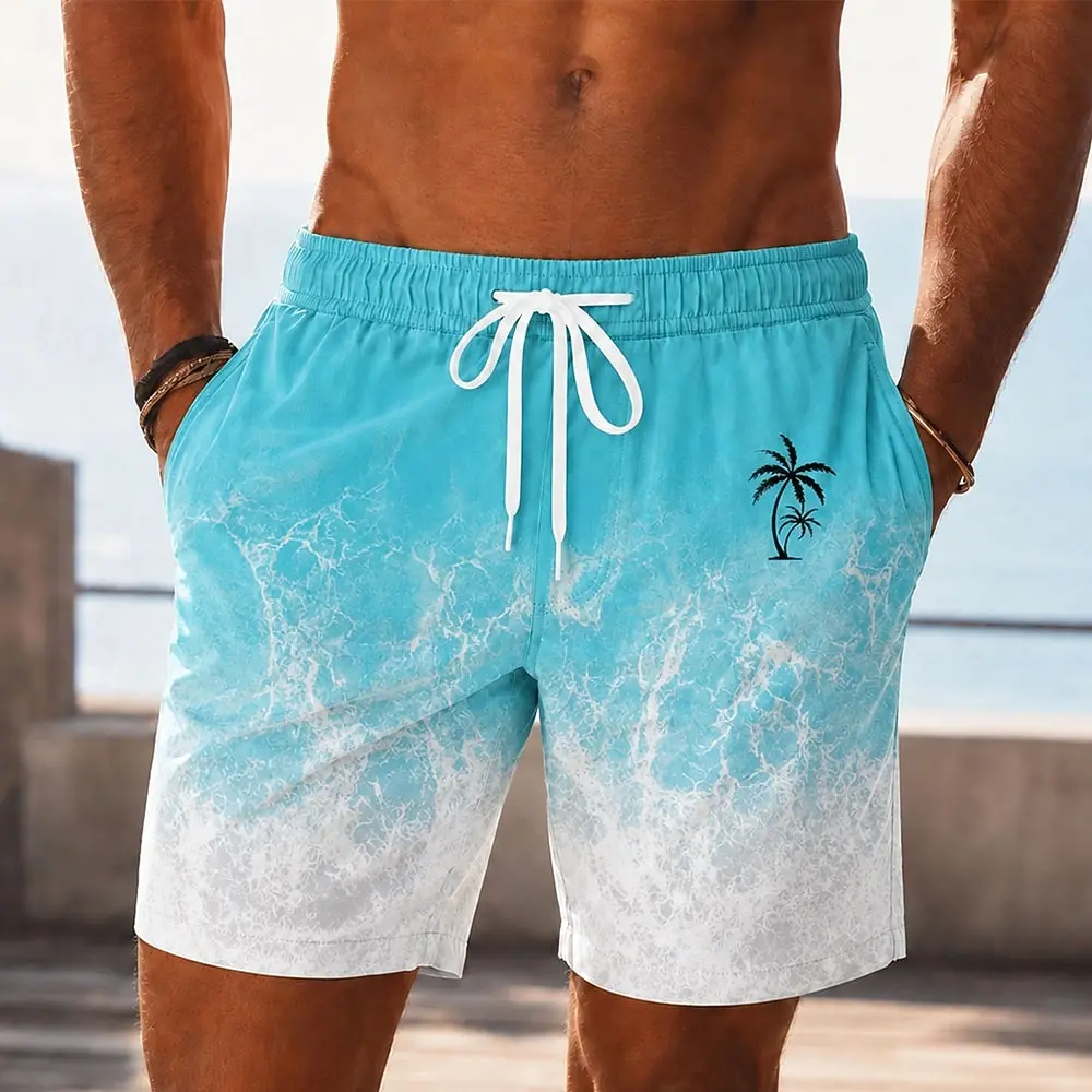 Trendy Casual Men's Printed Beach Shorts, Exquisite Simple Print, Wear-Resistant For Water Activities And Daily Outing