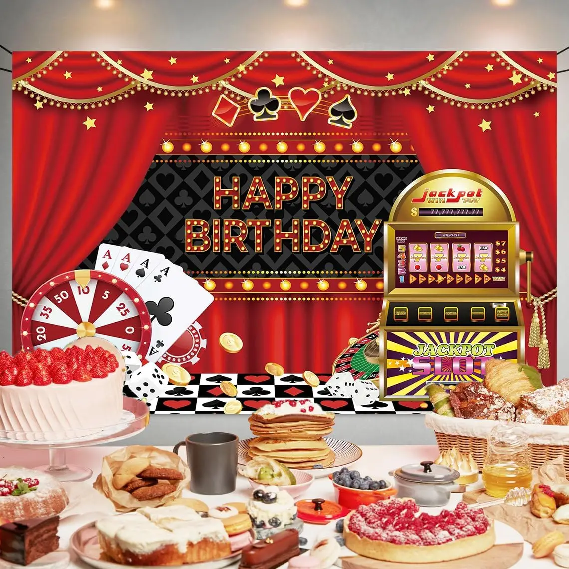 Casino Themed Happy Birthday Tapestry, Las Vegas Style with Poker and Slot Machine Print Wall Hanging for Party Decor view 3