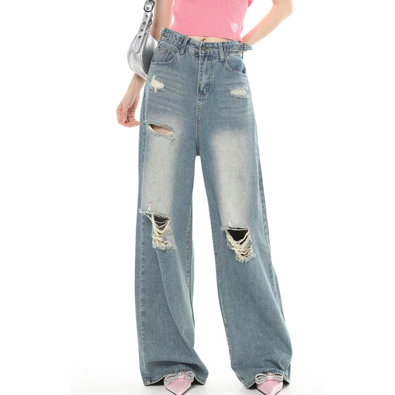 

Vintage High Waist Women Blue Jeans Dilapidated Fashion Streetwear Wide Leg Jean Female 2023 Trouser Straight Baggy Denim Pants