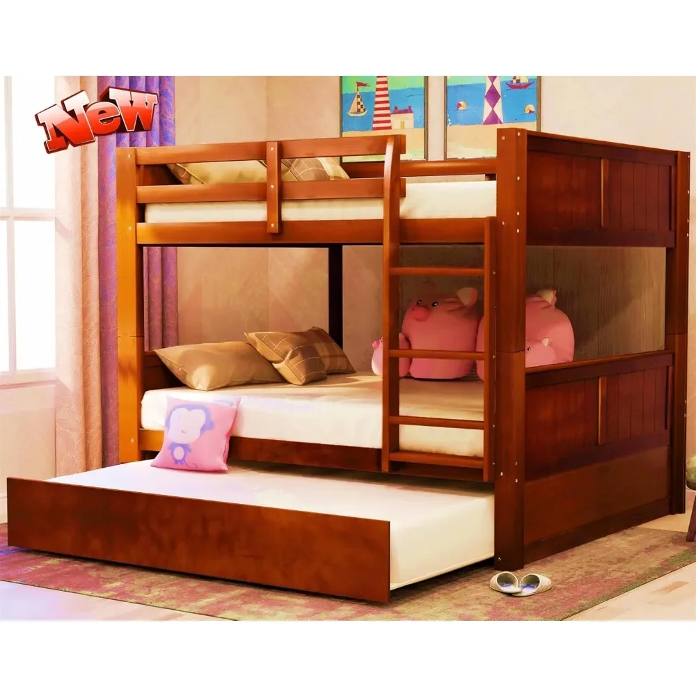 Solid Wood Bunk Bed ,with Trundle, Heavy Duty Thicken More Stable Convertible ,Bunk Bed Full Over Full Size Bunkbed