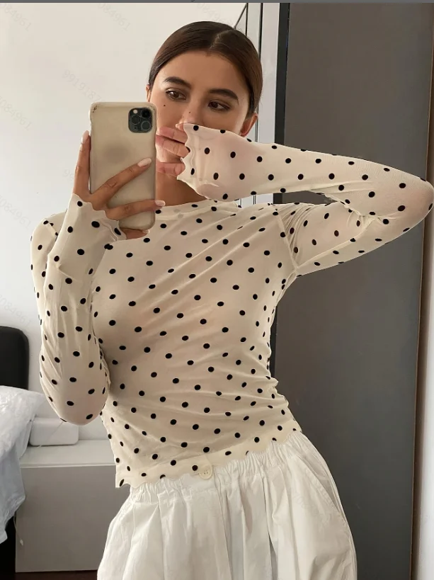 Polka Dot Casual round Neck Long Sleeve Top Trendy Full Size Women's Fashion Top