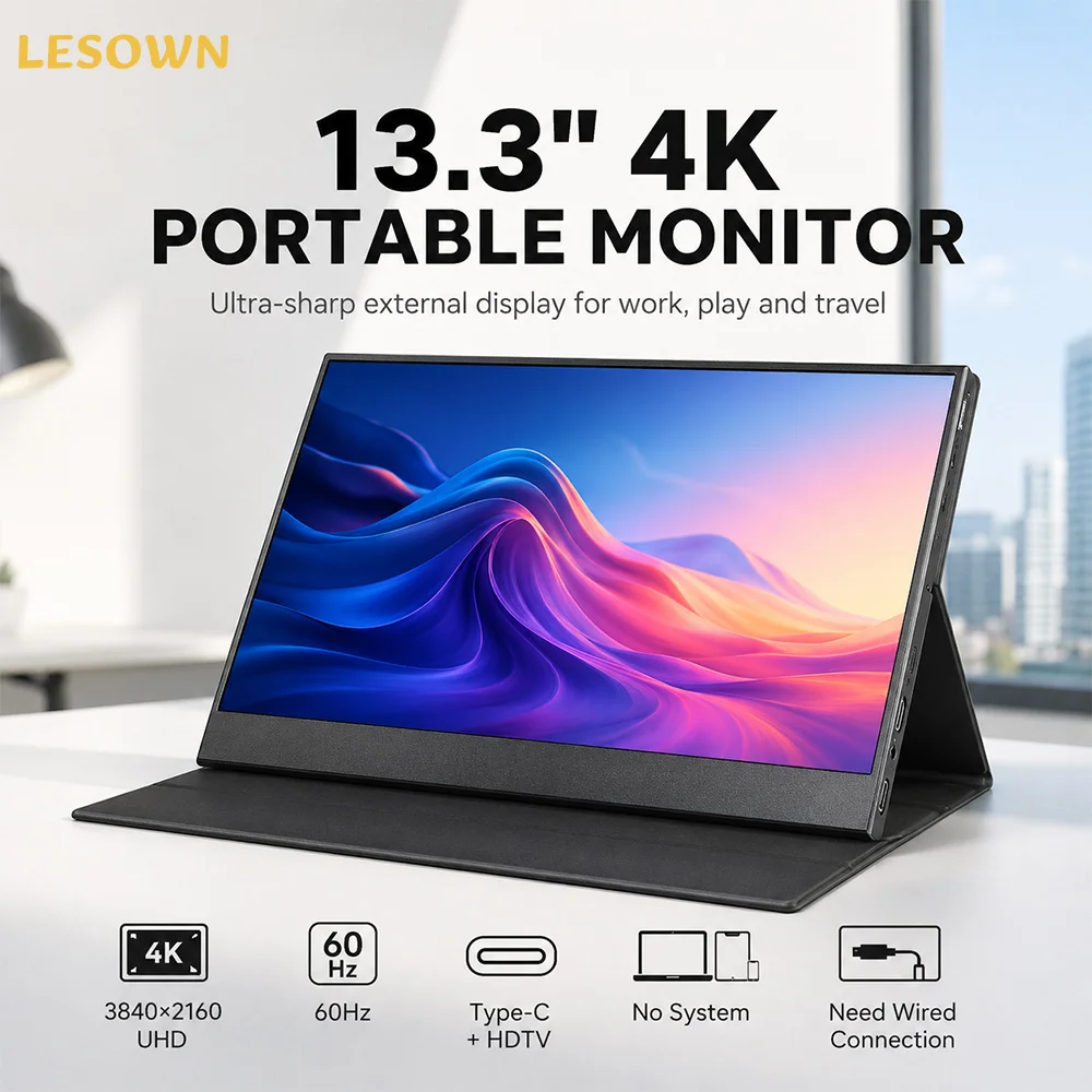 LESOWN 13.3 Inch Travel Monitor 4K Resolution IPS Panel Driver-free External Display for Office