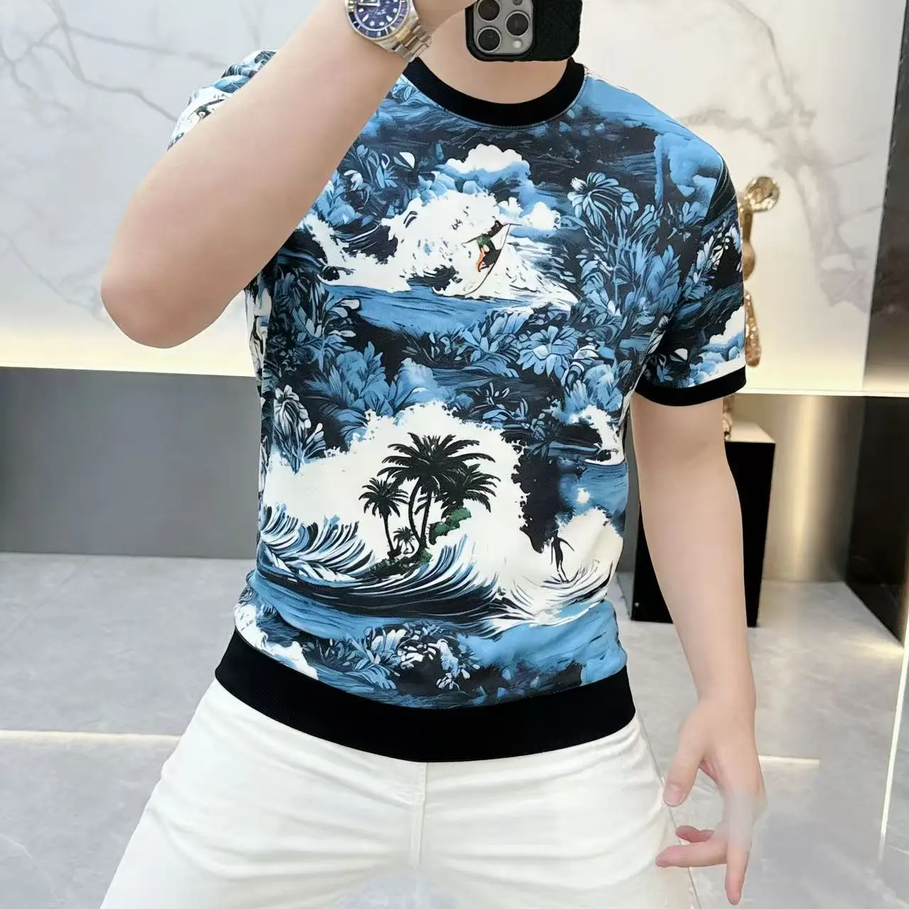 Summer Hawaiian Print Short Sleeved T-shirt for Men Ice Silk Breathable Round Neck Casual T-shirts Streetwear Social Tee Tops