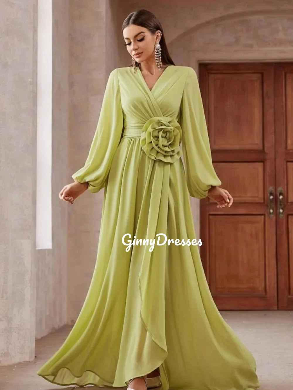 

Customized Evening Dress A-Line V-Neck Prom Dresses Ankle-Lengt Zipper Up Hand-Made Flowers Long Sleeves Lining Party Dresses Ve