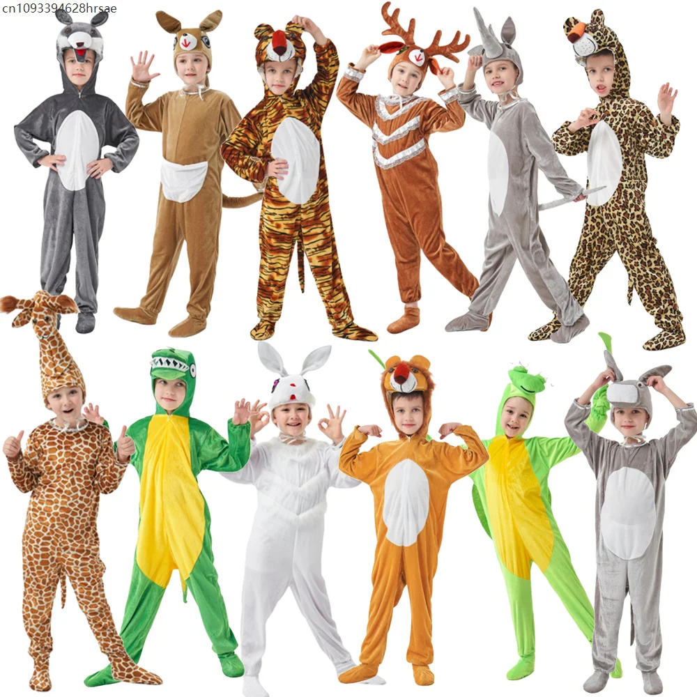 

Halloween Kids Boys Girls Little Animals Jumpsuit Cartoon Animal Romper Dinosaur Tiger Wolf Rabbit Giraffe Children Cosplay Suit