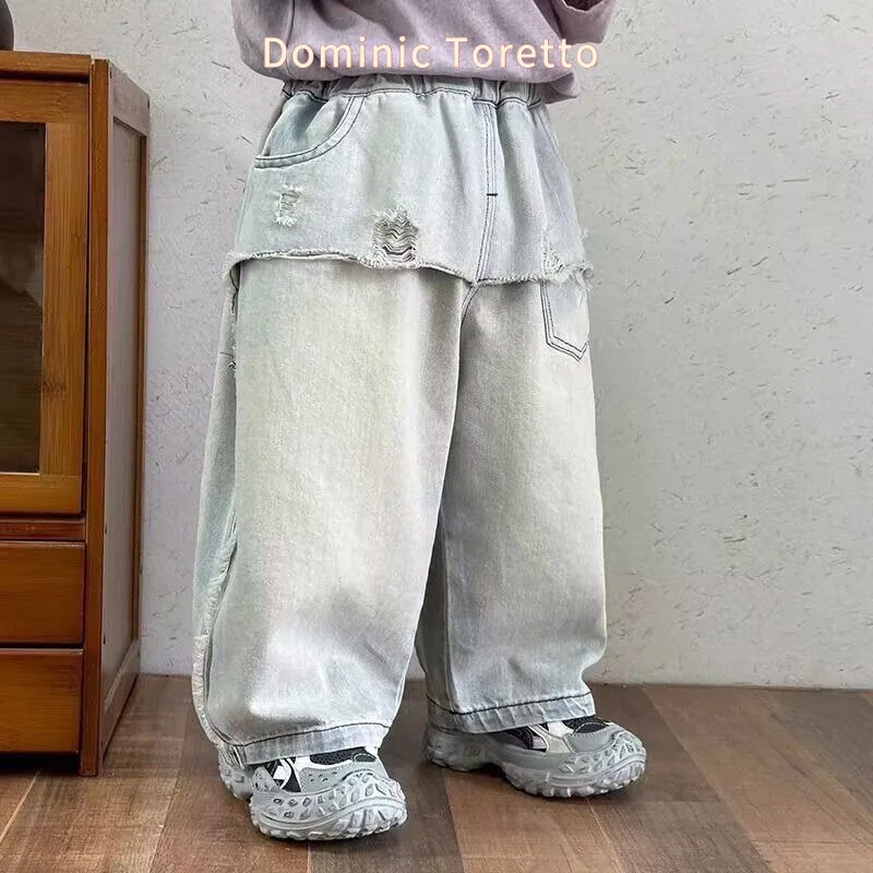 Bellbell Autumn Kids Boys Jeans 1-6Yrs Toddler Boys Denim Pants Loose Elastic Waist Patched Wide Leg Pants for Infant Babys Boys