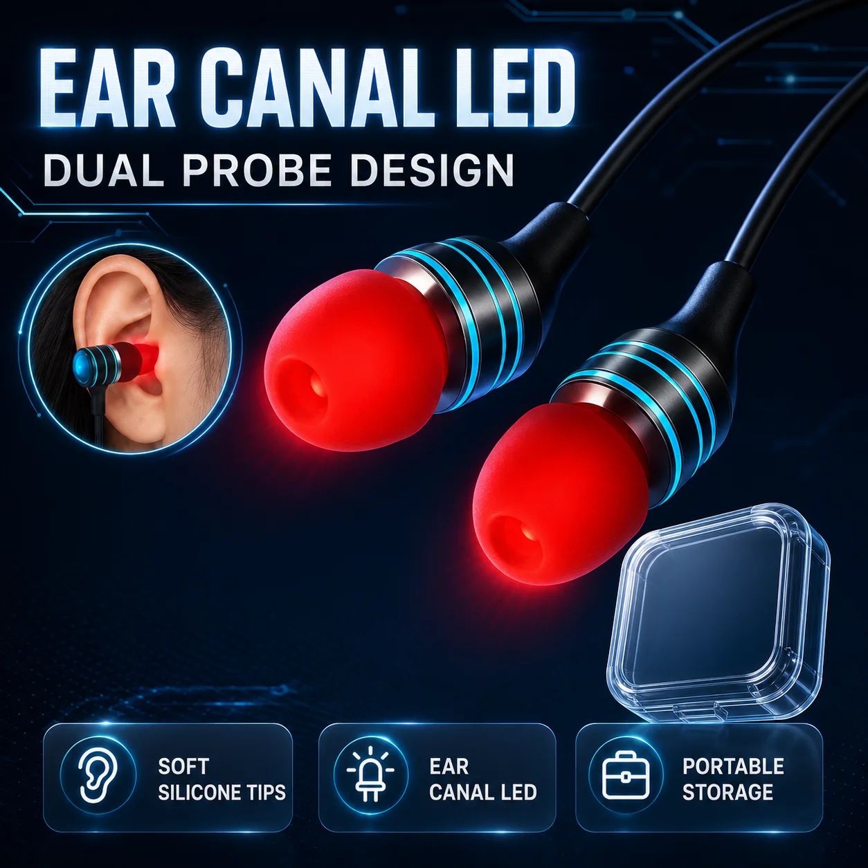 Portable Rechargeable Ear Canal LED Light Device with Dual Ear Probes and Storage Case for Home Wellness Use