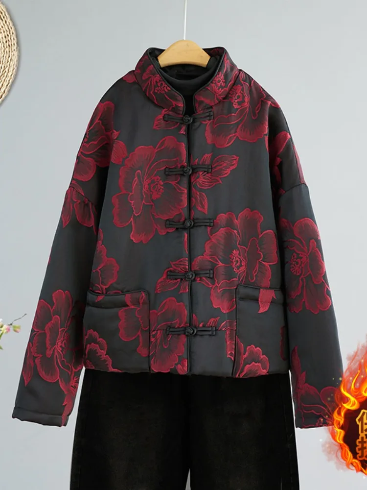 

Thiened Cotton Jaet Women's Winter Coat Faionable Yangyuna Embroidery Warm Retro Button Design Thi Cotton Outerwear