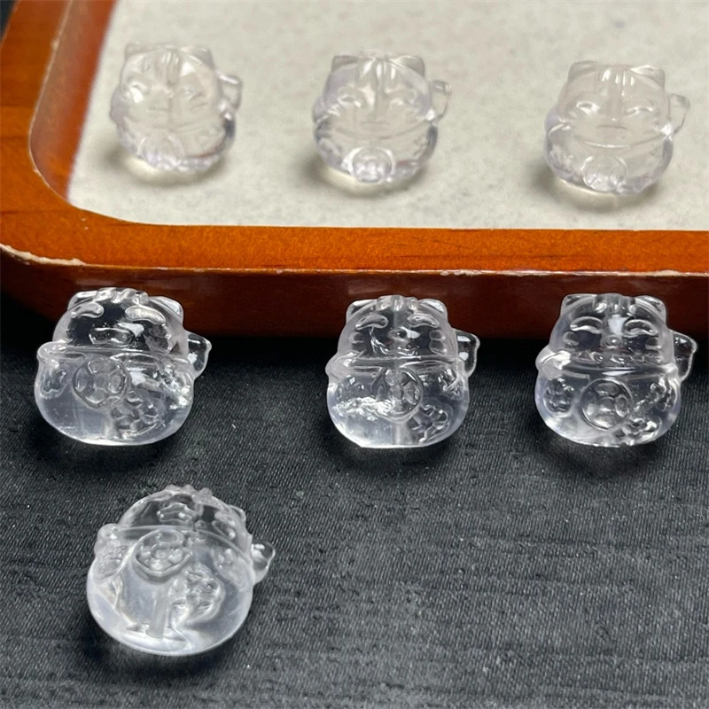 5PCS Natural Clear Quartz Fortune Cat Carving Pendant DIY Crafts Energy Gemstone Healing Jewelry Children Toy Gift 17X18MM