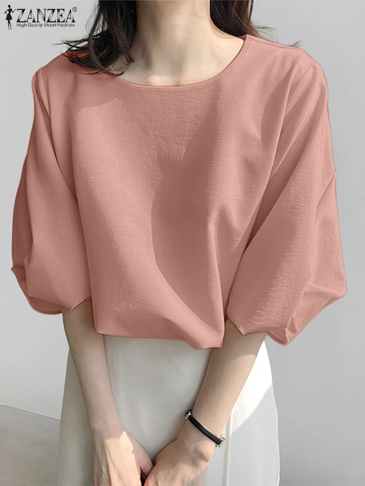 ZANZEA Women Elegant Puff Sleeve Blouses Leisure Daily O Neck Solid Color Blusas Mujer Korean Fashion Casual Plain Shirt Tops