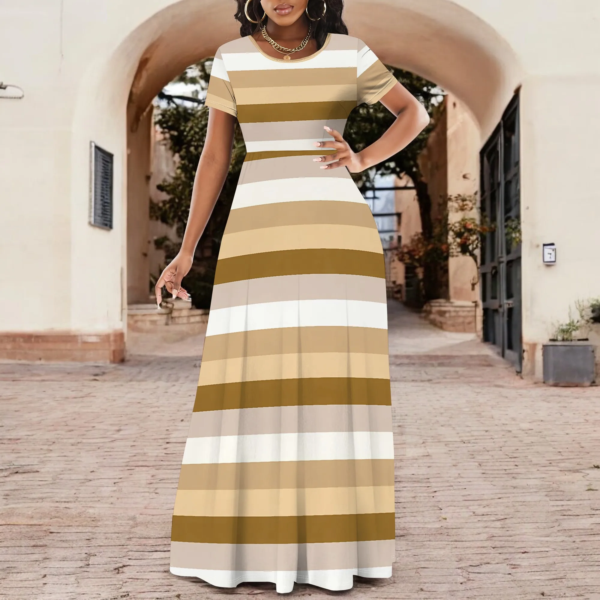 

Nupusa Striped Print Dress for Women Standard Size Summer Casual Crew Neck Short Sleeve Maxi Dress