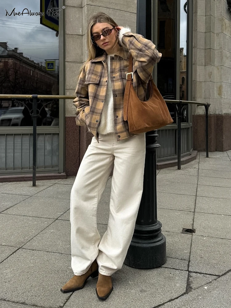 Mnealways18 Wool Warm Women Gingham Oversize Coats Street Style Lapel Pockets Long Sleeves Outwear Top Autumn Winter 2024 Office