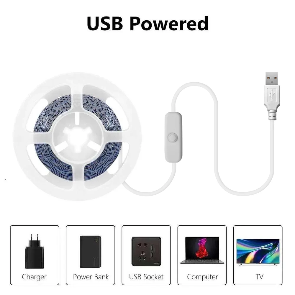 Indoor Led Light Strip with Button Switch, Low Voltage 5V USB Interface, High Brightness Led Strip, Can Be Cut from 1m to 20m Meters, Used for Background Lighting of Living Room Tvs and Mirrors, Supplementary Lighting