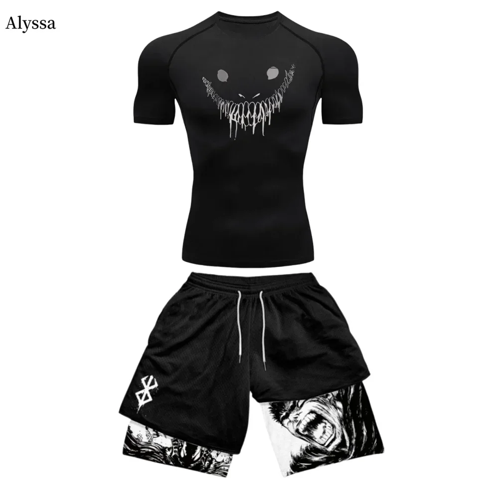 Anime Berserk Guts Men\'s Compression Suit Sports Fitness Quick Drying Suit Tight Short Sleeved Anime Double Layer Shorts Summer