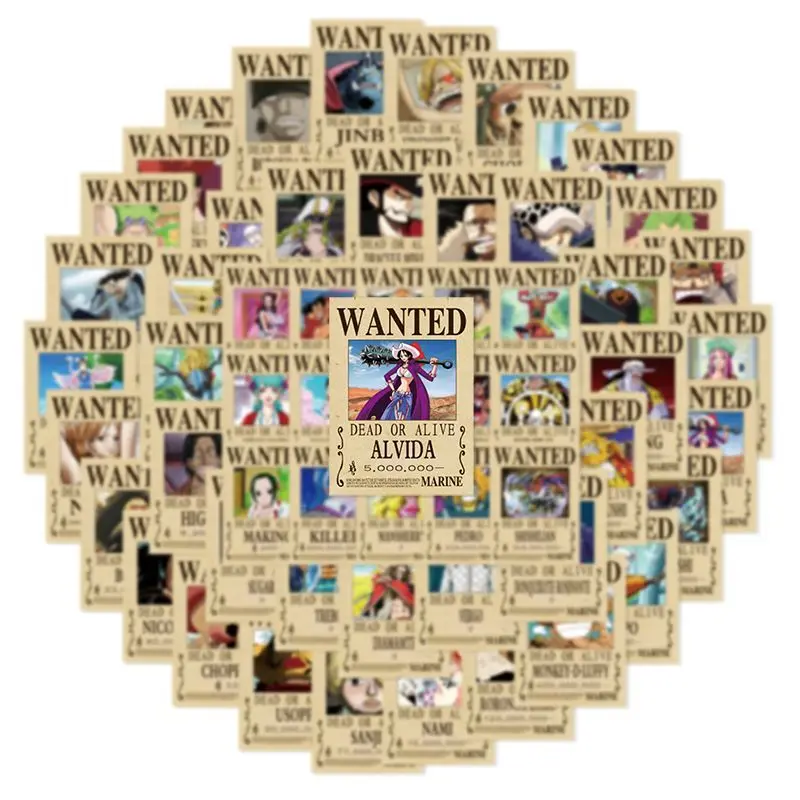 Autocollants One Piece Wanted, mignons, pour étudiants, personnalisés, 2D, pour décoration DIY, 70 pièces, accessoires d'animation, vente en gros