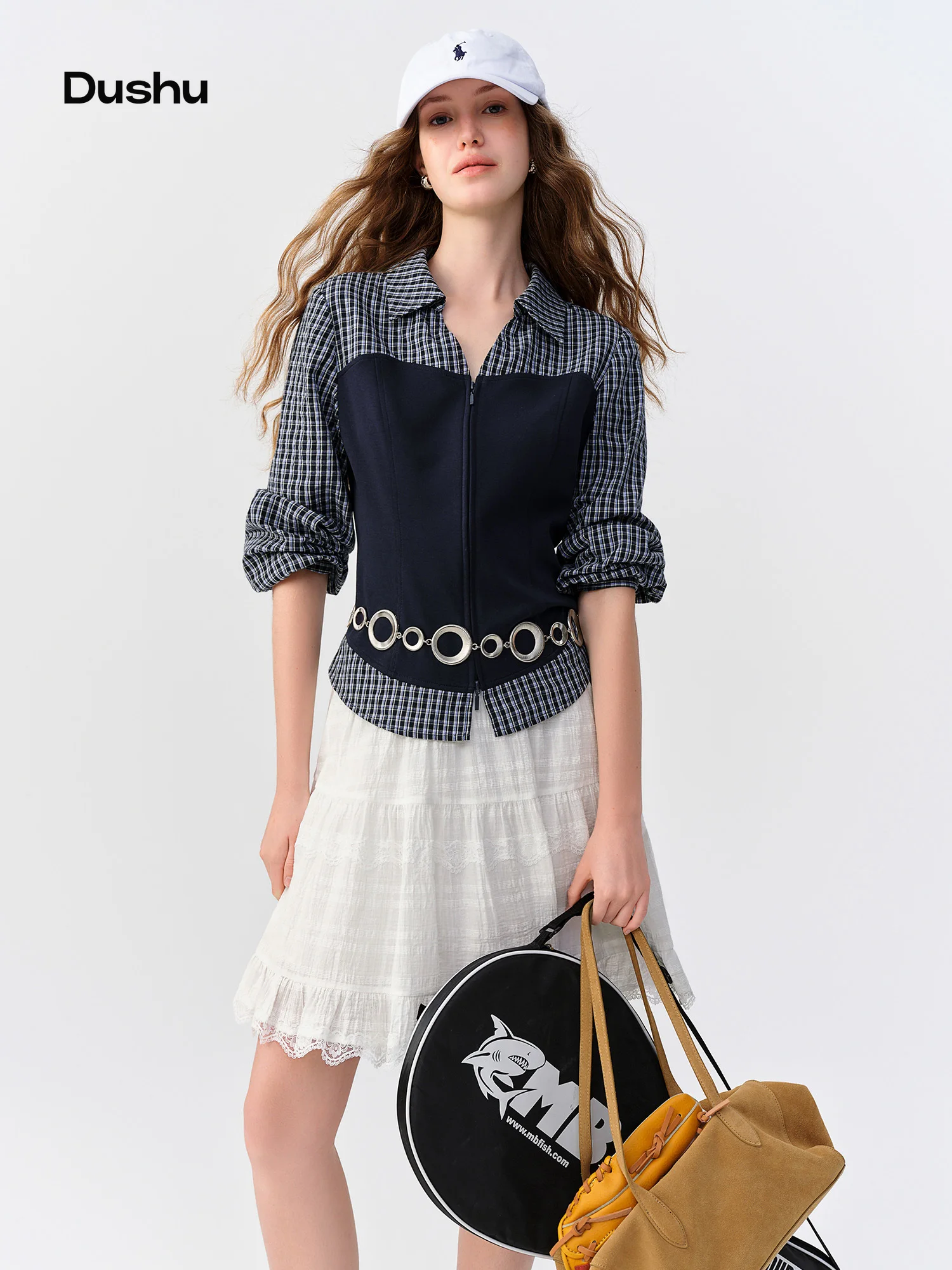 DUSHU 2026 Autumn New Women's Navy Contrast Lapel Shirt Smart Temperament Slimming Long Sleeve Blouse Casual Commute Elegant Top