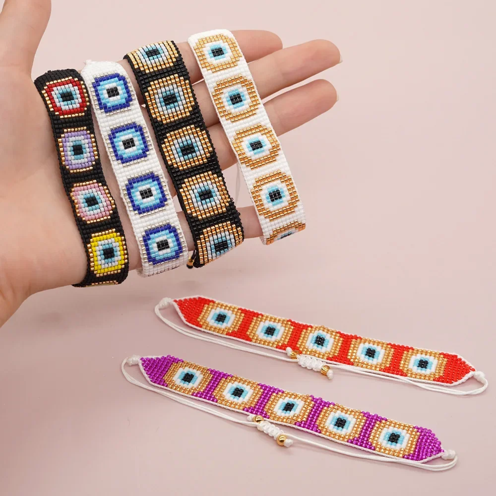 ZGMXR Rice bead bracelet Creativity Devil's Eye Bohemia Adjustable Pattern Square Hand-woven Female Fashion  Beaded bracelet