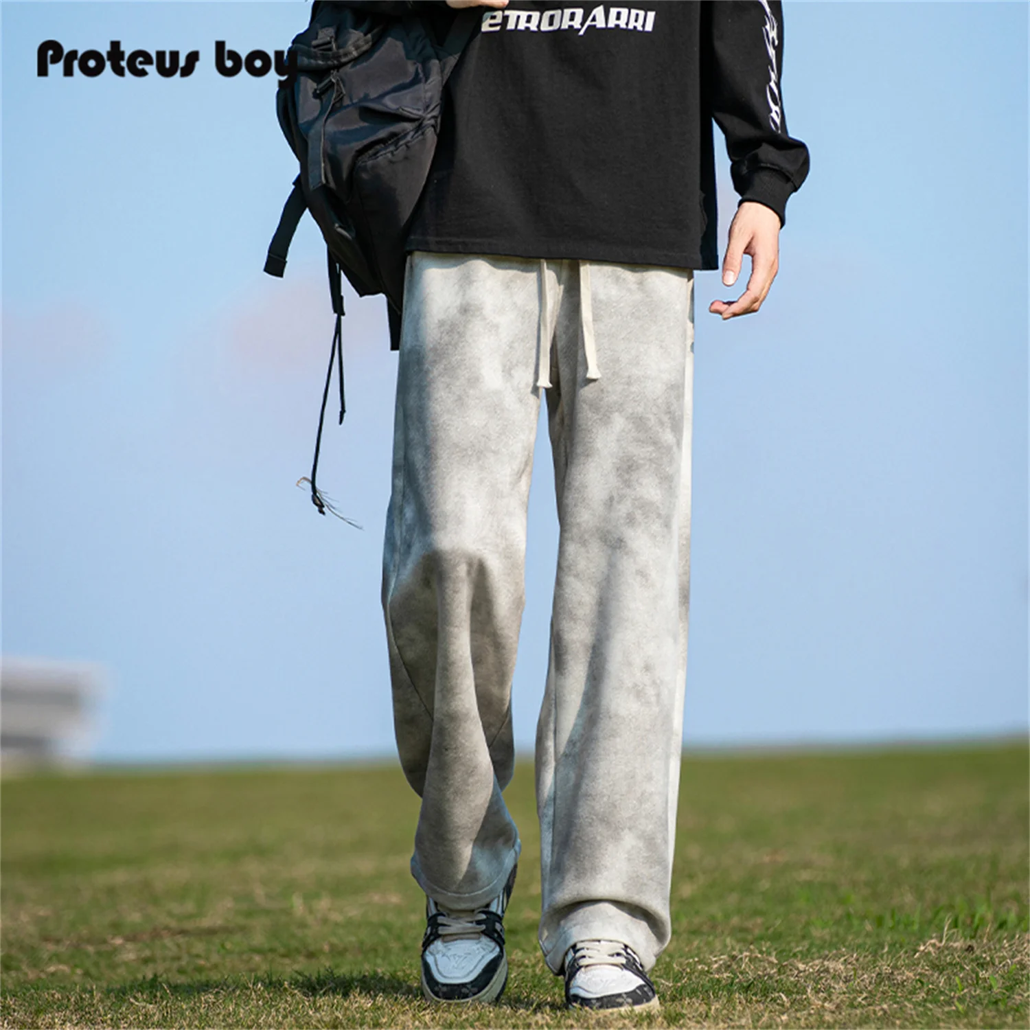 ProteusBoy الأمريكية الرجعية التعادل صبغ الرياضة Sweatpants مستقيم الساق واسعة الساق Dstring بناطيل طويلة غير رسمية 8902