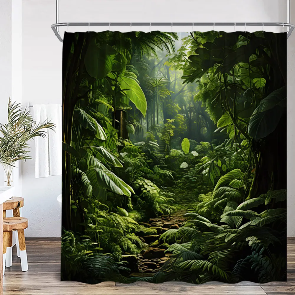 Natural Landscape Waterfall Forest Shower Curtain Scenery Green Leaves Plants Bathroom Decor Polyester Bath Curtain for Home