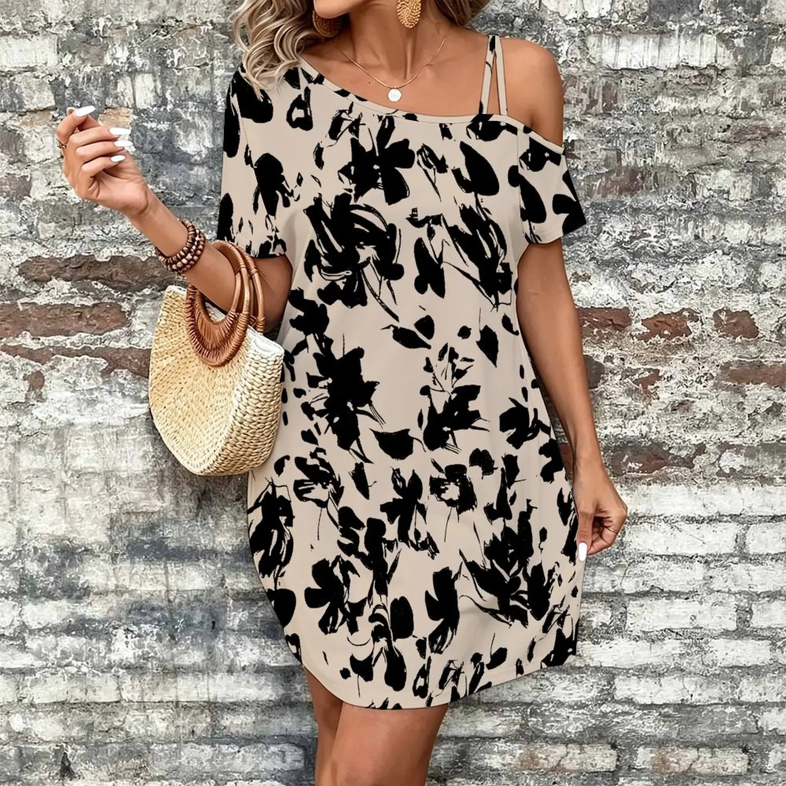 Women Print Cold Shoulder Short Sleeve Mini Dress Irregular Off Shoulder Casual Loose Tunic Dress
