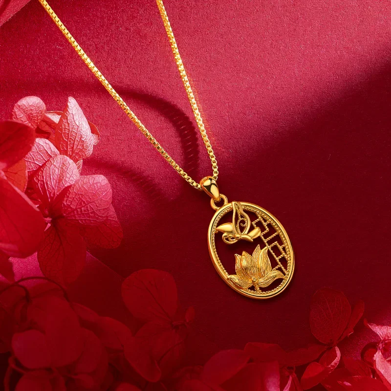 

9999 Real Gold 24K Antique Butterfly Hibiscus Flower Necklace, Gold Women's High-end National Butterfly Flower Collarbone Chain