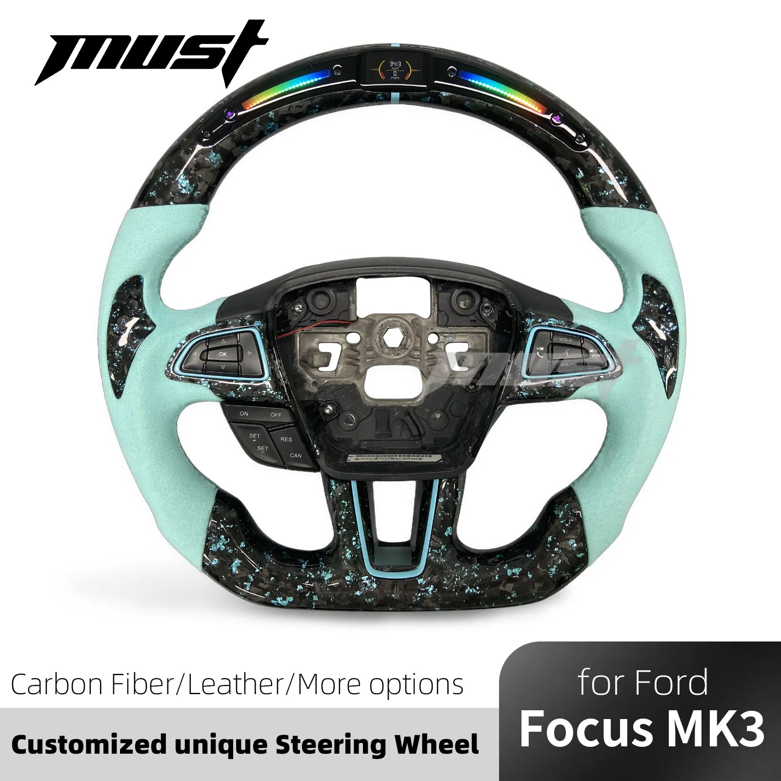 For Ford 2015-2018 Focus MK3 ST RS Hatchback Custom Forged Carbonized Fiber Steering Wheel With Tiffany Blue Grip