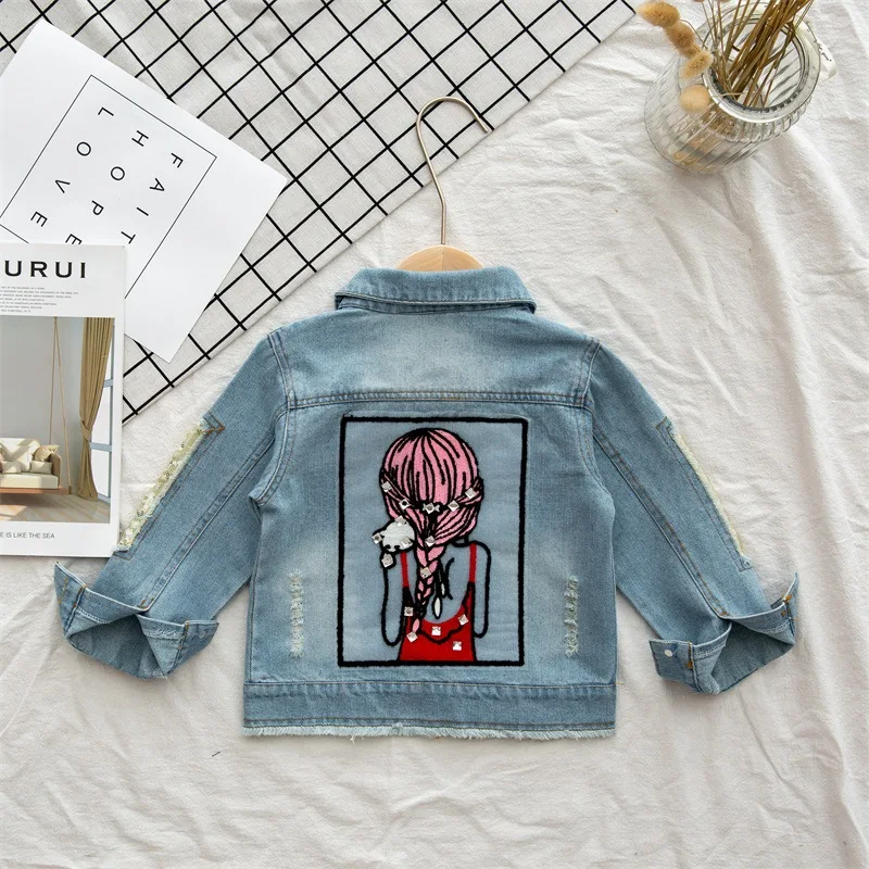 2-12Y Girls Sequins Ripped Denim Jacket Coat for Children's Clothing Baby Teens Princess Kids Retro Blue Pattern Tops Outwear