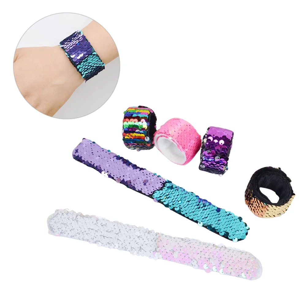 6pcs Mermaid Decor Shining Bracelet Beautiful Paillette Slap Bracelet Children Birthday Party Favors (White+Silver+Blue and Purp