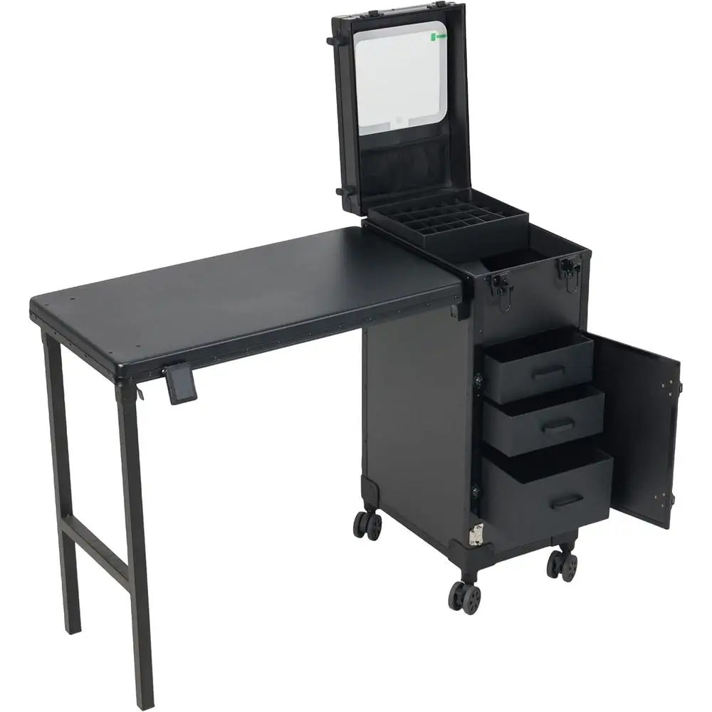 Portable Nail Art Table with Storage - 360° Swivel Wheels, Mobile Beauty Station, Rolling Makeup Organizer Cart for Travel and T