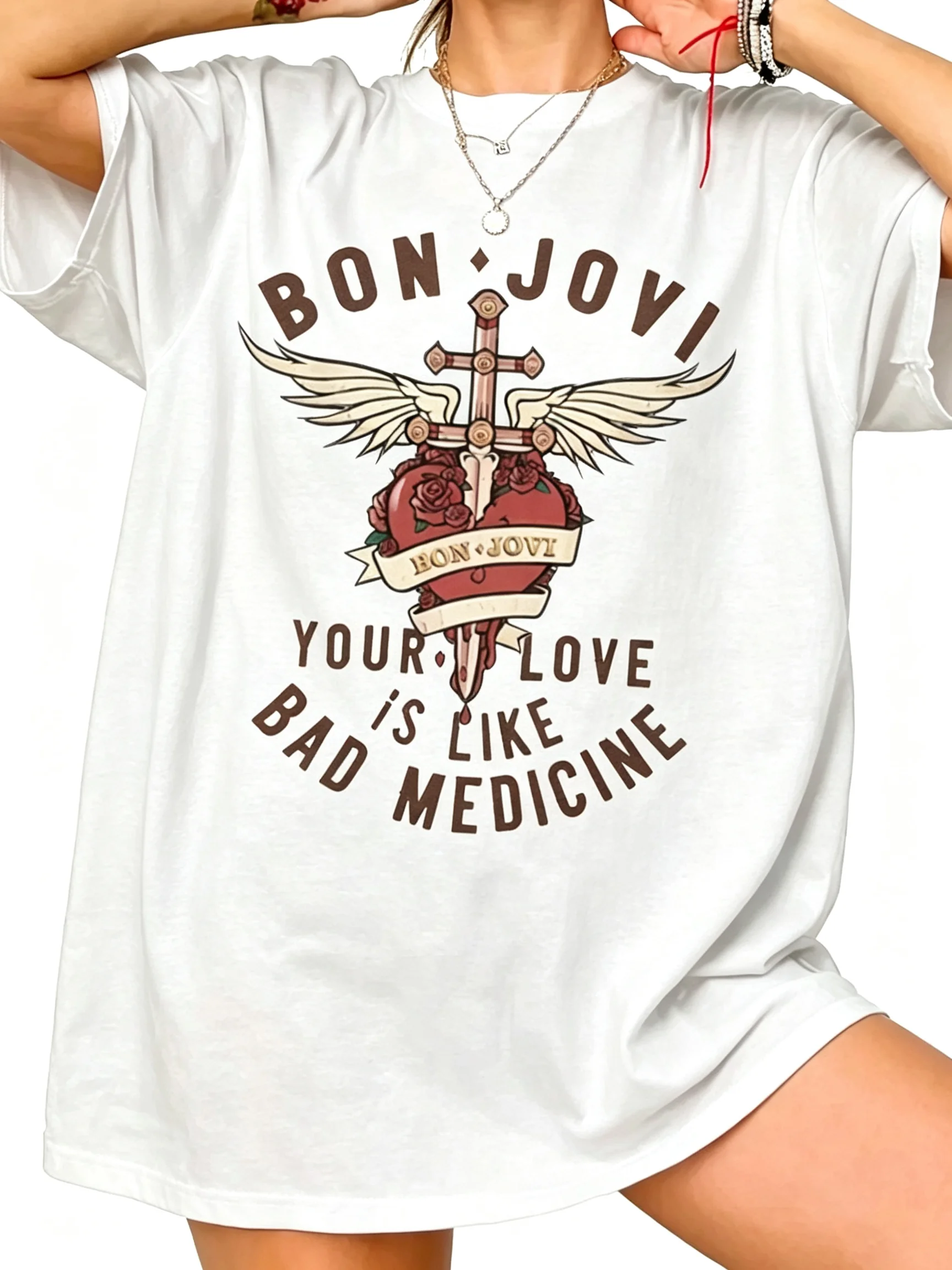 2026 New Parent‑Child Matching Oversize Cotton Tee Retro Rock Style Wing Sword Heart Rose Distressed Letter GraphicSleeveT‑Shirt